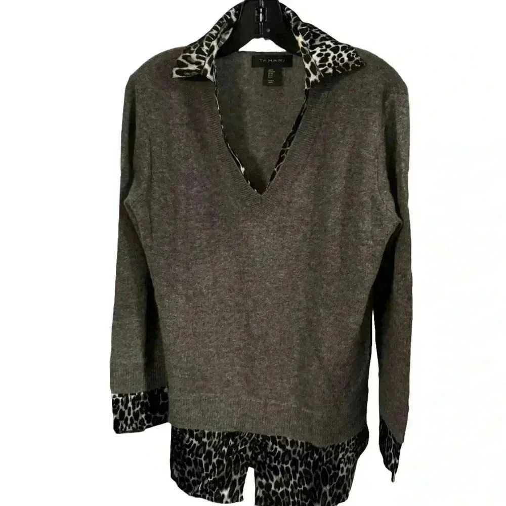 Tahari Gray Cashmere V-neck Sweater Silk Point Collar Lining Size Medium